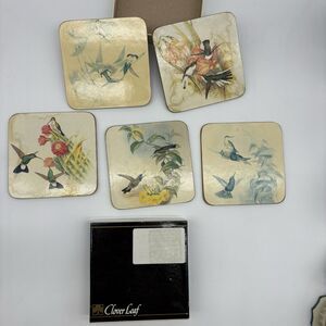 Clover Leaf Vintage Bird Pictorial Wood Square Coaster Set, 5pc Heat Resistant